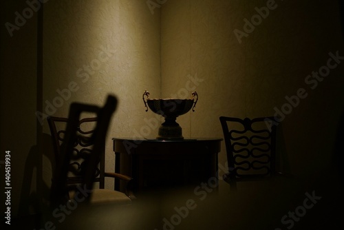 Tablou pe pânză Elegant ornate bowl on a dark table between two chairs in a dimly lit room