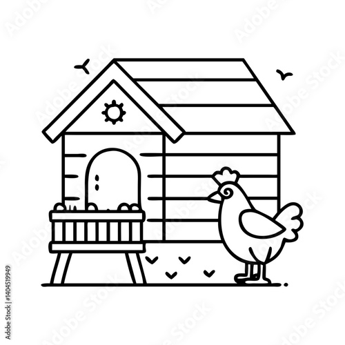Adorable Cartoon Chicken Coop Illustration with Hen and Eggs