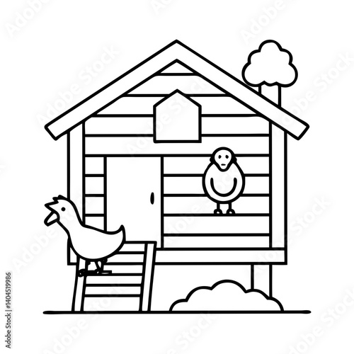 Adorable Cartoon Chicken Coop with Chickens and Ladder