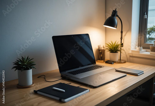 Minimalist Home Office Setup with Laptop, Graphics Tablet, Desk Lamp, and Small Potted Plants photo