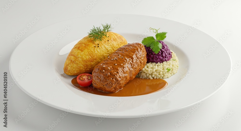 Plate with meat roll polenta couscous red cabbage tomato and herb garnish. Plate with meat roll polenta couscous red cabbage tomato and herb garnish.