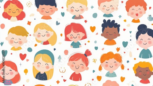 Colorful Cartoon Faces of Happy Children in a Cheerful Repeating Pattern Design