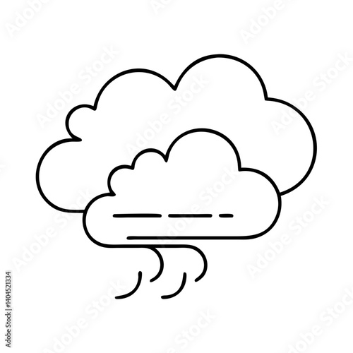 Line art illustration of a windy cloud weather icon showing a dark cloud with rain and wind