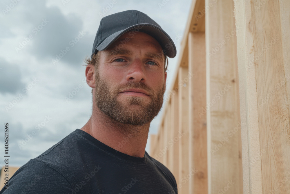 A man with a beard and a hat is standing in front of a wooden wall A man with a beard and a hat is standing in front of a wooden wall