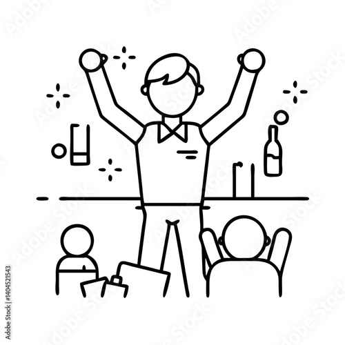 Happy Bartender Celebrates Successful Night at Busy Bar with Customers