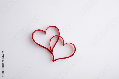 minimalistic arrangement of two intertwined red hearts on white background