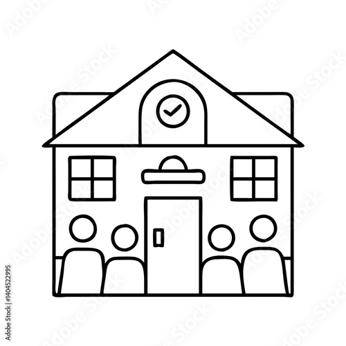 Simple Line Drawing of a School Building with People Waiting at the Entrance