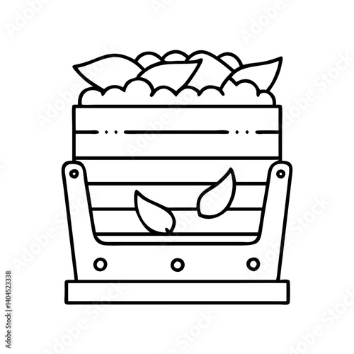A detailed line drawing of a wooden compost bin filled with leaves for gardening and waste recycling