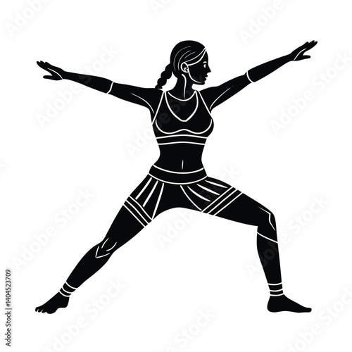 A black vector illustration shows the silhouette of a young woman in a dance action
