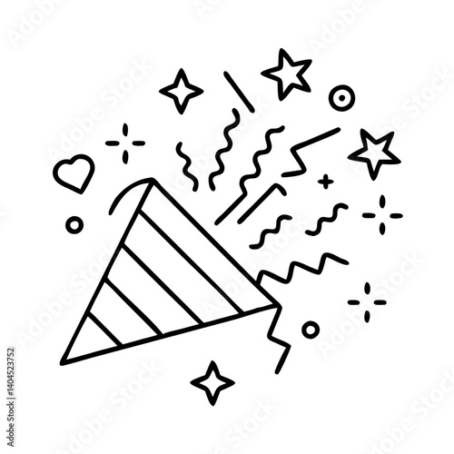 A Party Popper Exploding with Confetti Stars and Hearts Celebration Graphic Design Illustration
