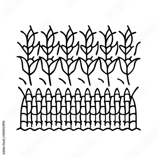 Line drawing of a cornfield with a fence in front of it simple illustration of agriculture farming rural scenery