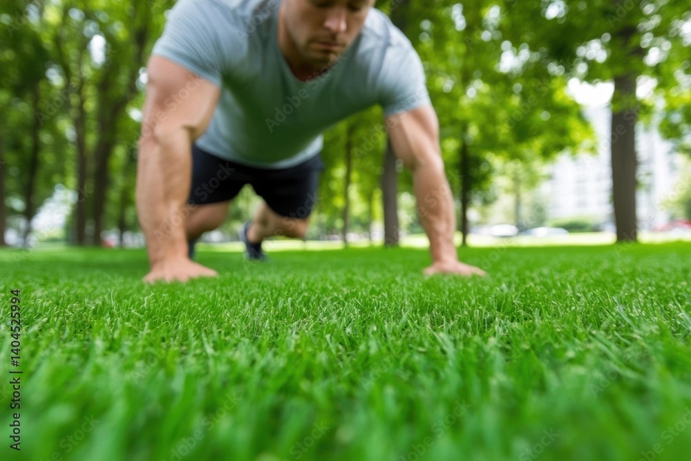 Man doing mountain climbers exercise on green grass, low angle view of lush green grass. Man doing mountain climbers exercise on green grass, low angle view of lush green grass.