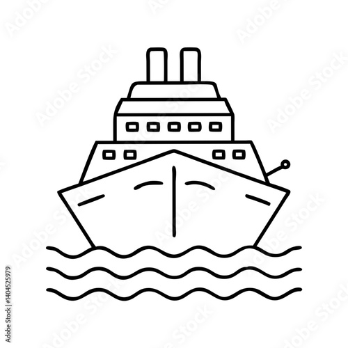 Ocean liner cruise ship sailing on wavy sea waters front view simple line drawing illustration