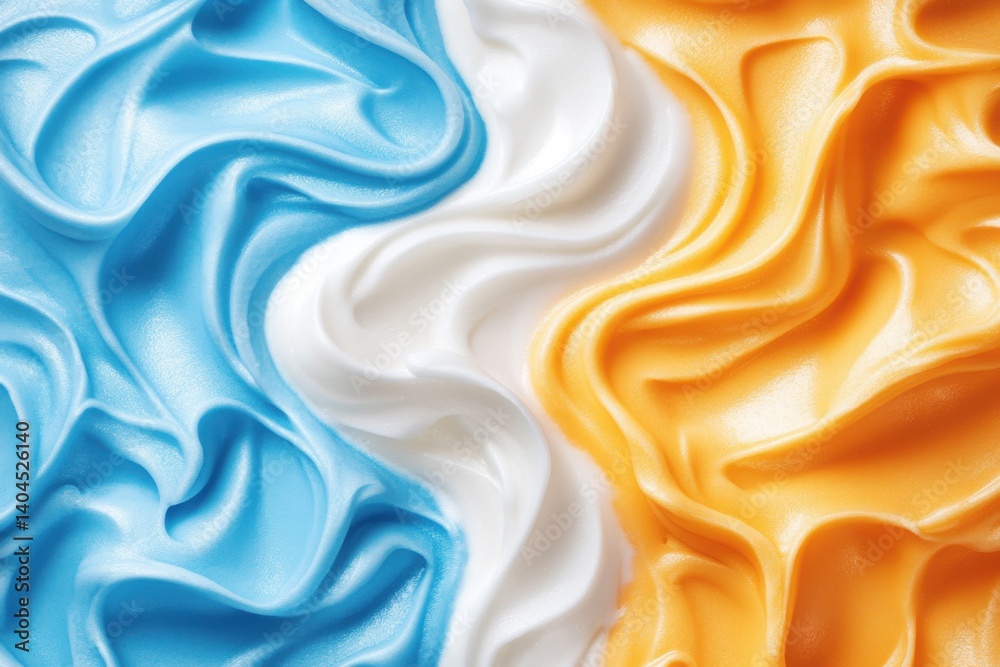 Obraz premium Swirls of light blue, white, and orange cream, creating a smooth, textured background.