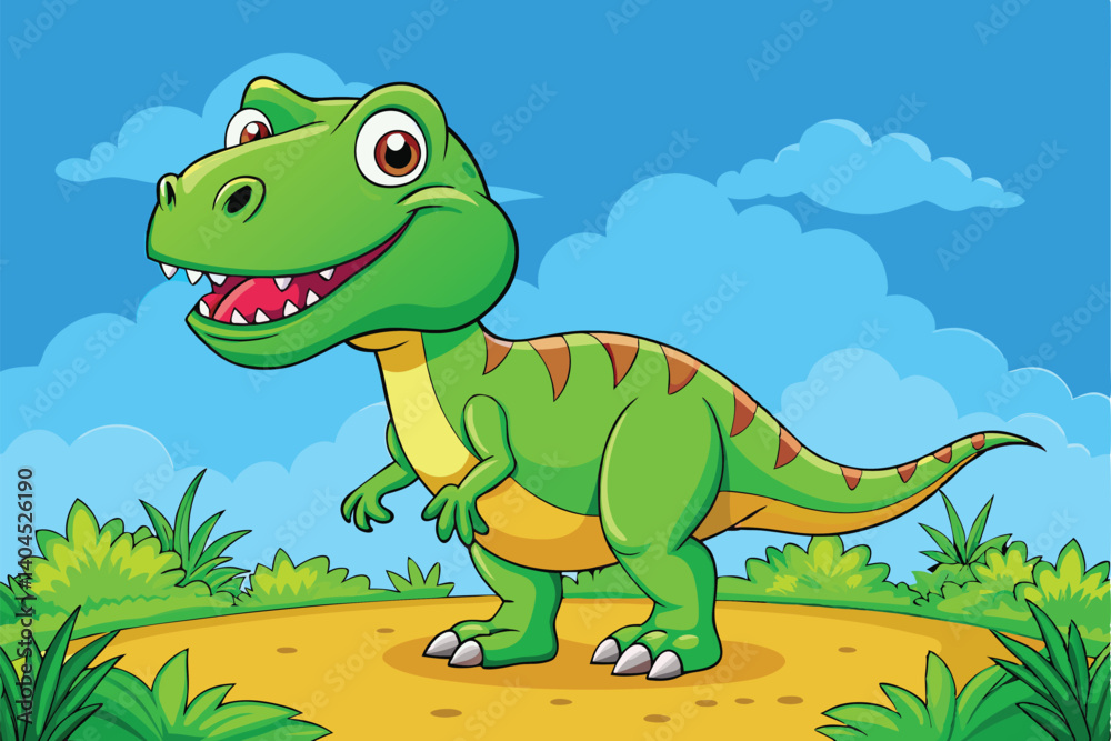 Obraz premium Tyrannosaurus Rex Standing in a Grassy Field under a Blue Sky