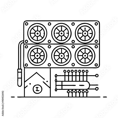 Illustration of a Cryptocurrency Mining Rig with Multiple GPUs and Cooling Fans