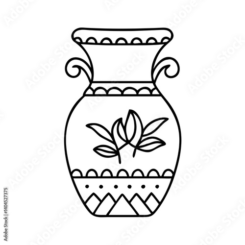 Elegant Black and White Line Drawing of Ornate Decorative Vase with Floral Design
