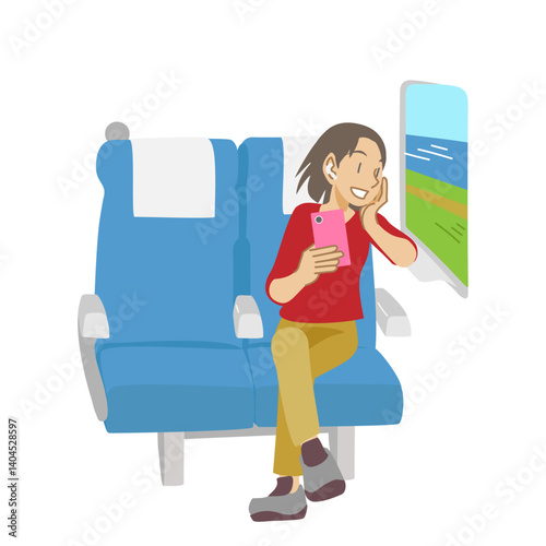 新幹線の座席から窓の外を眺める女性