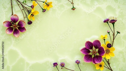 Abstract Water Frame with Seafoam Texture, Bloodroot, and Lythrum - Yellow, Green, Purple Hues