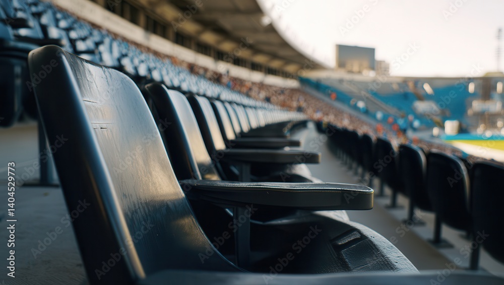 Fototapeta premium Empty stadium seats in a large sports arena under bright daylight.