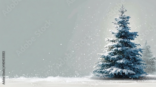 A tall snow - covered Christmas tree stands in a snowy landscape, with snowflakes gently falling. A serene winter and Christmas scene perfect for holiday decorations.