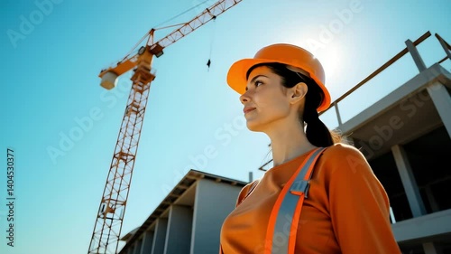 Woman in orange shirt and hardhat looking up at crane on construction site under bright blue sky