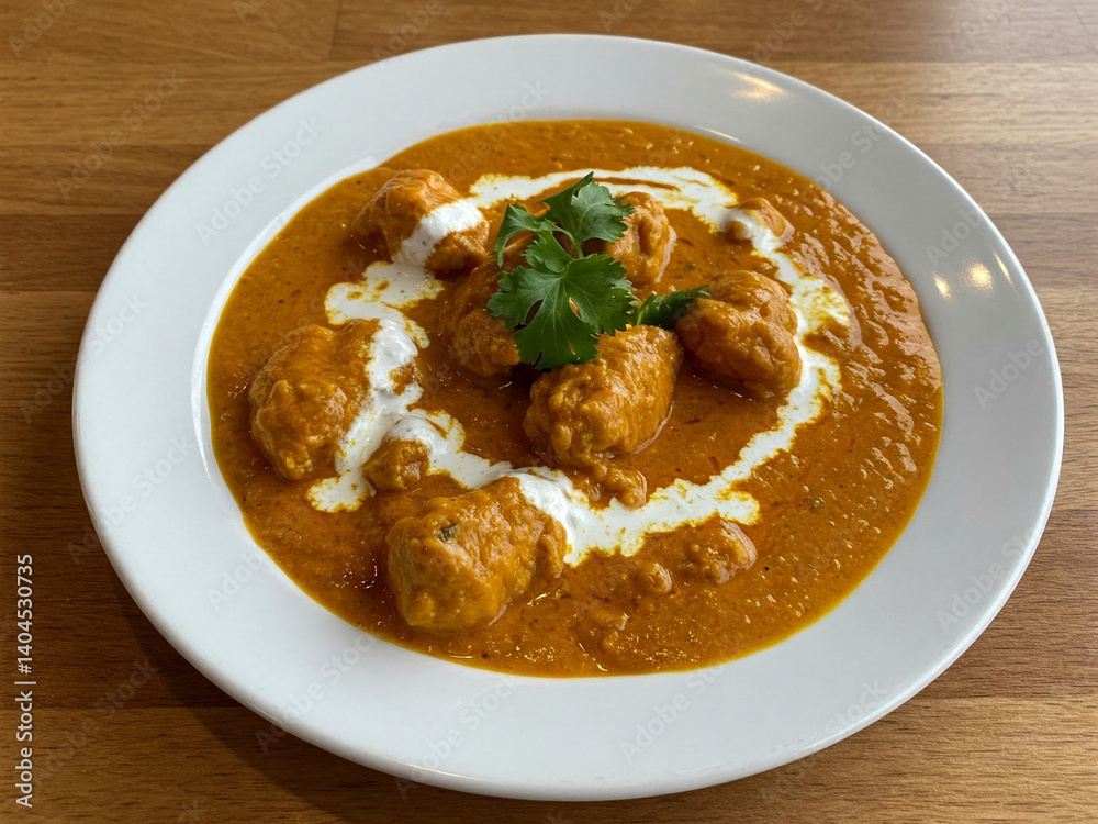 A mouthwatering plate of Butter Chicken, an Indian delicacy, takes center stage on a rustic wooden table. A mouthwatering plate of Butter Chicken, an Indian delicacy, takes center stage on a rustic wooden table.