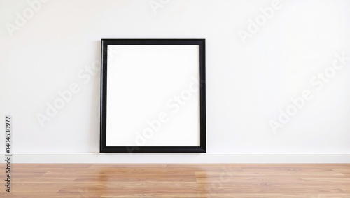Black Square Frame Leaning Against White Wall, Hardwood Floor Mockup