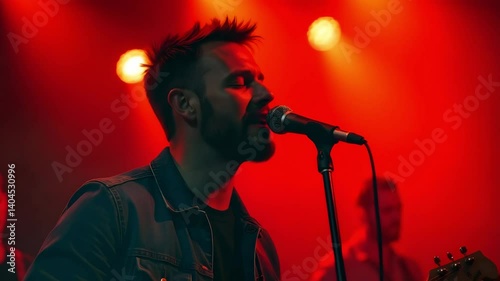 A bearded man singing into a microphone on stage with red lighting during a live performance