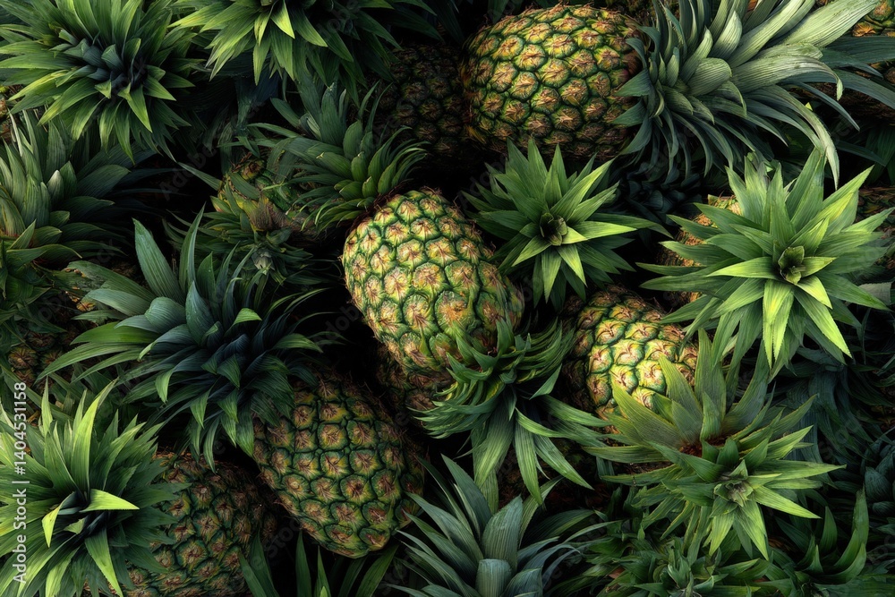 A vibrant display of fresh, ripe pineapples, showcasing their textured skin and lush green foliage. A vibrant display of fresh, ripe pineapples, showcasing their textured skin and lush green foliage.