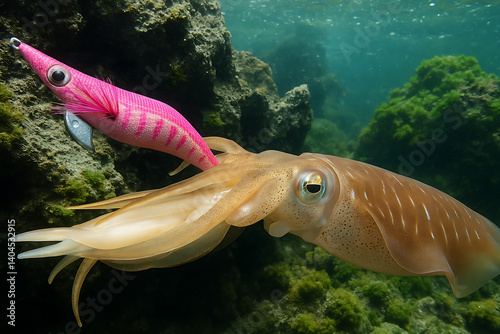海中のアオリイカがエギを捕食する瞬間2
