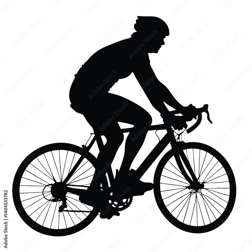 Naklejka premium Cyclist Silhouette With Helmet on Racing Bike Riding Isolated on White Background