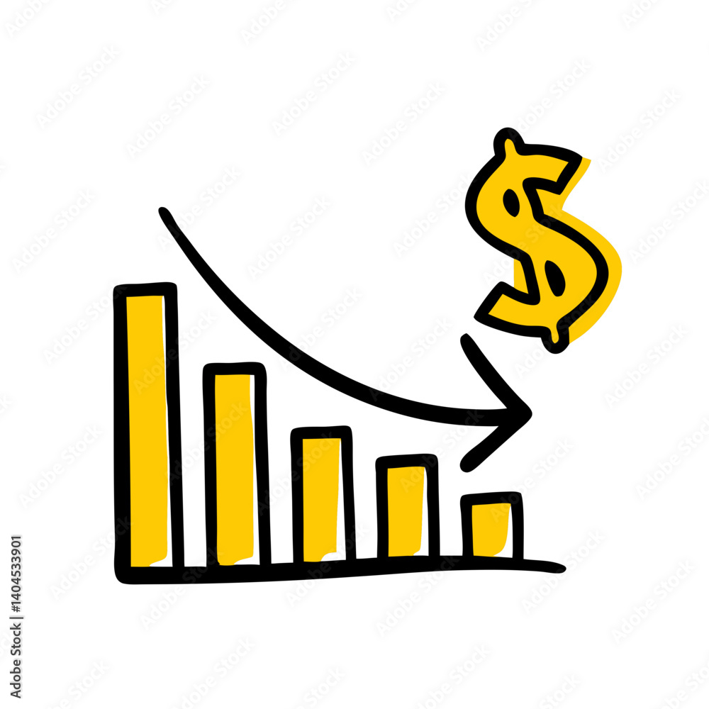 black and yellow hand-drawn bar graph with downward profit trend with yellow down arrow and dollar sign to illustrate financial losses,economic downturns and declining profits in an everyday black and yellow hand-drawn bar graph with downward profit trend with yellow down arrow and dollar sign to illustrate financial losses,economic downturns and declining profits in an everyday