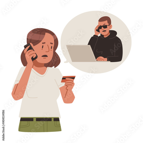 Concerned woman on phone with scammer. Vector illustration