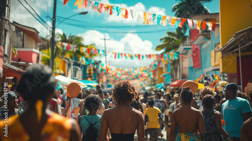 A lively St. George’s Day street festival in Jamaica, featuring spirited crowds, vibrant Caribbean decorations, and local artists showcasing their crafts