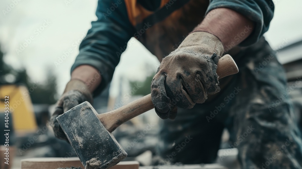 Construction worker using a hammer on site. Featuring manual labor and construction work Construction worker using a hammer on site. Featuring manual labor and construction work