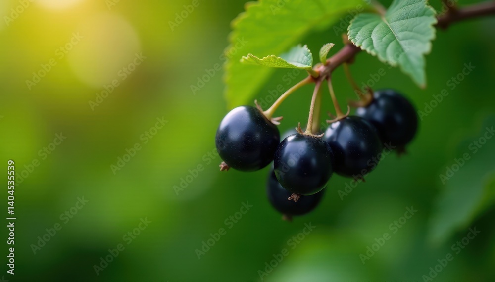 Dark, plump blackcurrants on a branch, garden setting , organic, dark Dark, plump blackcurrants on a branch, garden setting , organic, dark