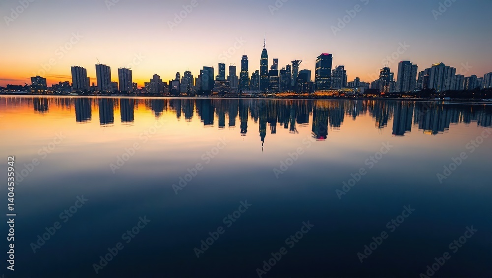 Fototapeta premium Dawn Reflection: Skyline Mirrored in Calm Water
