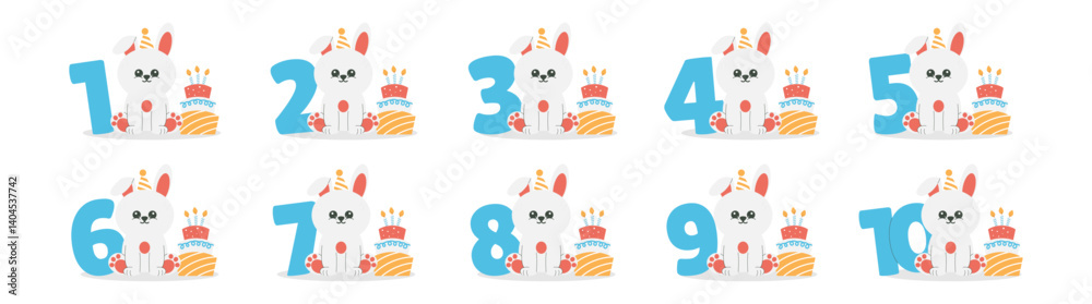 Naklejka premium Cute bunny character in hat, cake with candles, numbers vector set. Beautiful elements for Kids Birthday Party invitation, greeting card, poster, event, prints and cake toppers design