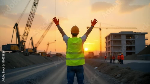 A construction worker raising arms at sunset with cranes and building in the background view