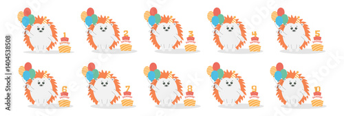 Cute baby hedgehog character,balloons,cake with numbers from 1 before 10 vector set. Beautiful elements for Kids Birthday Party invitation,greeting card,poster,event,prints,cake toppers design