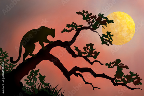Digital painting watercolor of Amazing safari silhouette of leopard on tree in africa with sunset.