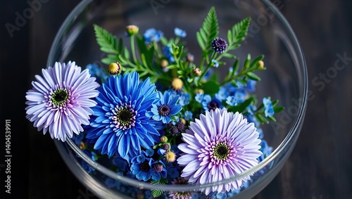 Elegant Blue and Silver Flowers in Glass Bowl, Copy Space photo