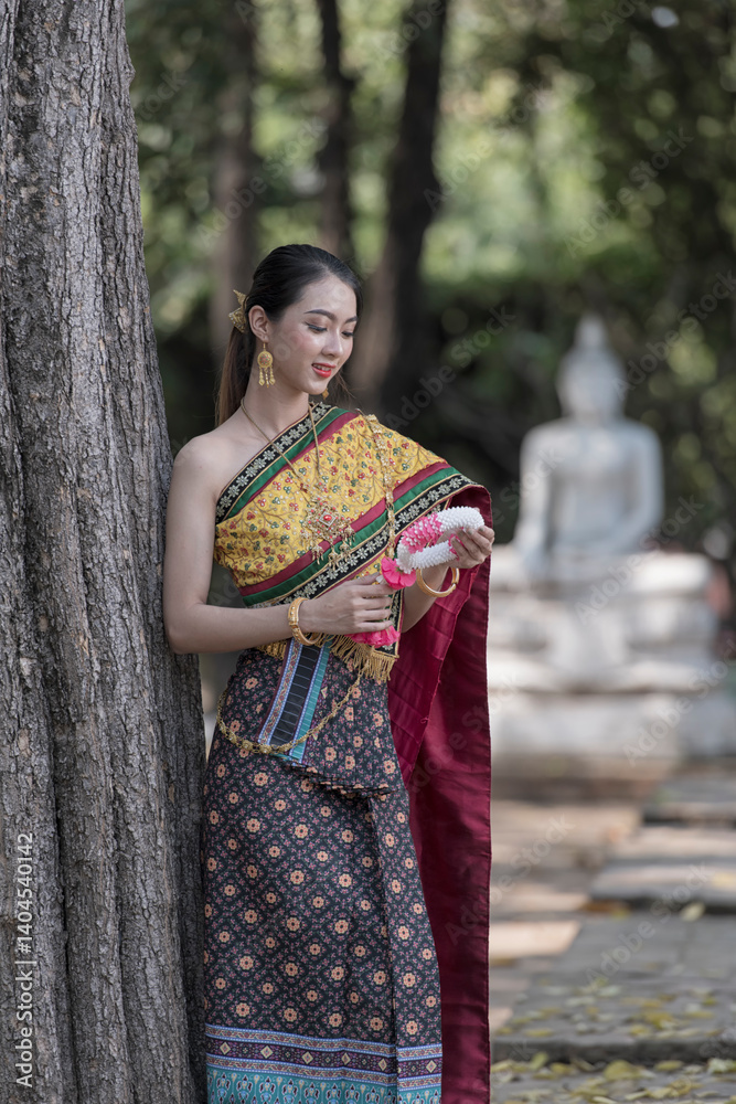 women in traditional clothing on Buddhist on background. Portrait women in traditional clothing , Thai traditional in Ayutthaya, Thailand. women in traditional clothing on Buddhist on background. Portrait women in traditional clothing , Thai traditional in Ayutthaya, Thailand.