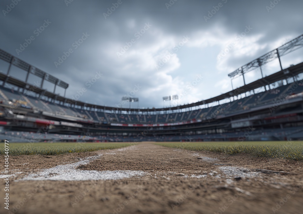 Fototapeta premium Dramatic skies over an empty baseball stadium field.