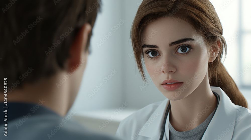 Close-up of a serious female doctor consulting a young male patient