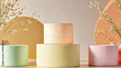 Pastel Palette Product Display: Stylish podiums with elegant floral accentuation and contemporary geometric backdrop