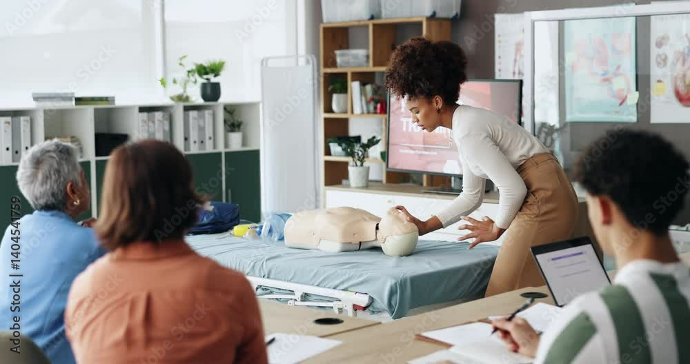 Woman, teaching and dummy for first aid training for drowning ...