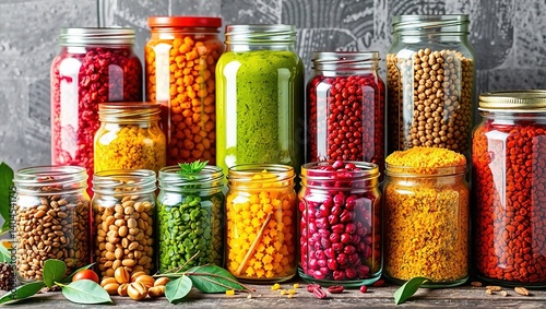 Nature's Bounty: Gourmet Colors in Glass Jars - Fresh & Appealing Collection