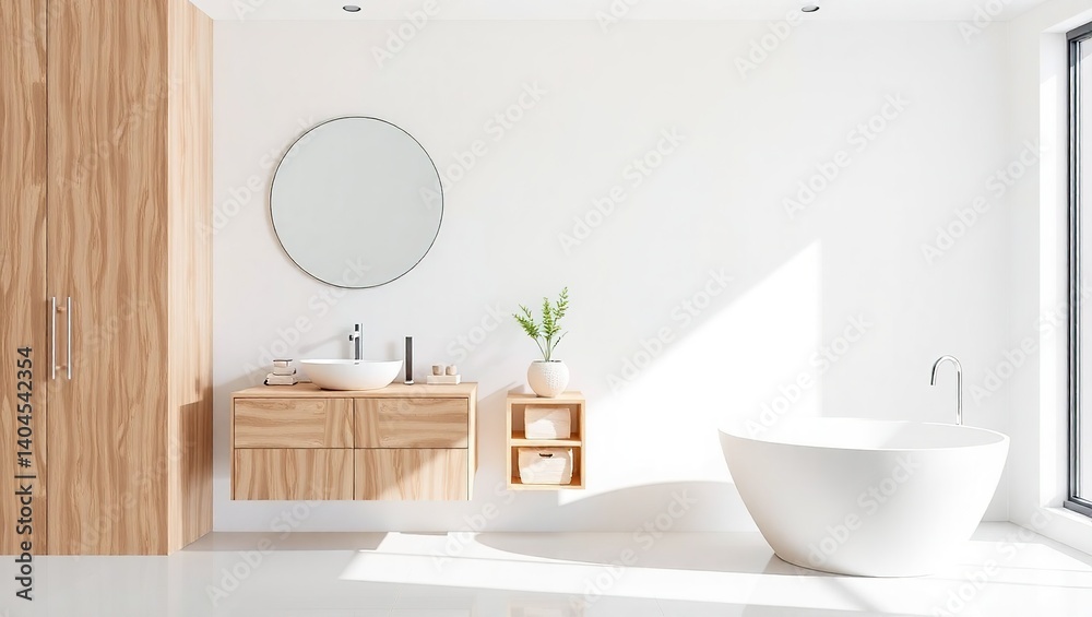 Fototapeta premium Modern Minimalist Bathroom with Light Wood and White Accents